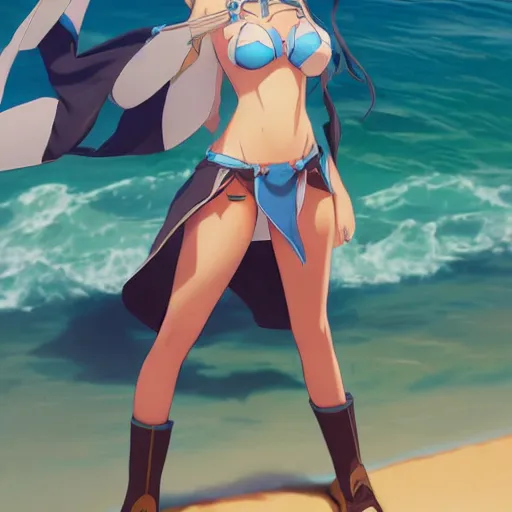 Image similar to aqua from konosuba, standing on the beach, art by ross tran ilya kuvshinov krenz cushart