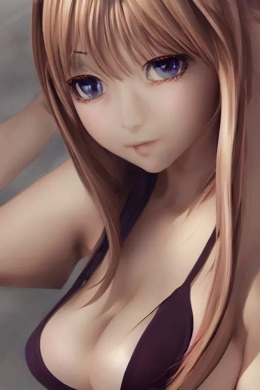 Prompt: photorealistic 3 d render of of an impossibly curvy anime girl featured on pixiv, booru, exaggerated proportions, high resolution digital art, 4 k, beautiful symmetric face, subsurface scattering, volumetric lighting, realistic skin texture