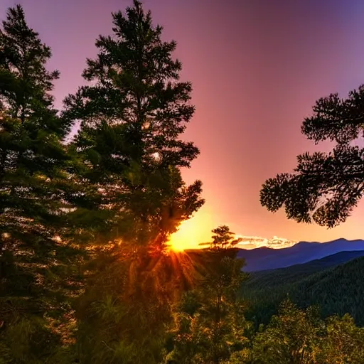 Image similar to calm peaceful wooded mountain during sunset, silhouetted trees against the sky, 8k hd, light reflection, relaxing, alone, first person