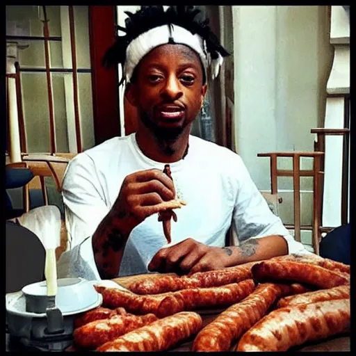 Image similar to “ 2 1 savage eating sausage, award winning pork, actual photo from 1 0 5 6 ad ”