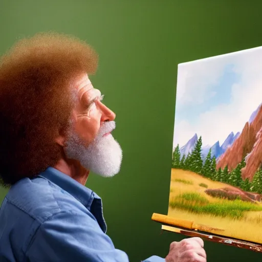 Image similar to a closeup photorealistic photograph of bob ross working on a canvas painting of cookie monster. film still. brightly lit scene. mountains and trees. this 4 k hd image is trending on artstation, featured on behance, well - rendered, extra crisp, features intricate detail, epic composition and the style of unreal engine.