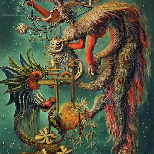 Prompt: strange mythical beasts of whimsy, surreal oil painting by Ronny Khalil , drawn by Ernst Haeckel, as an offering to Zeus