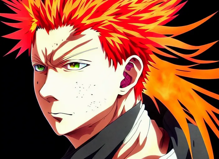 Image similar to a anime portrait of a man with flaming hair, close up, jujutsu kaisen!! finely detailed features, sharp focus, perfect art, scenic background, intricate, anime, illustration, artstation, trending on pixiv fanbox, painted by studio ghibli, yoji shinkawa, mappa