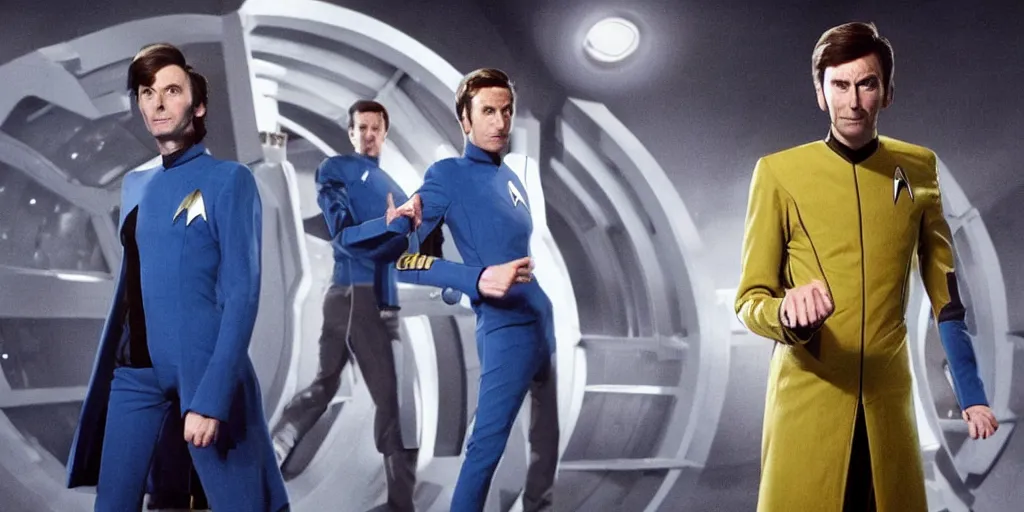 Image similar to David Tennant as Doctor Who, in Starfleet uniform, in the role of Captain Kirk in a scene from Star Trek the original series