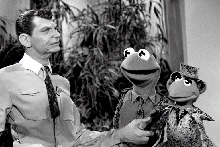 Prompt: “Film still of Kermit the Frog as Andy Griffith on the andy griffith show”