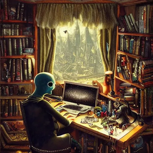 Image similar to goth guy sitting at computer in cluttered room, by michael hutter, aesthetic!!!, detailed, realistic, hyper realism, small details, goth aesthetic,