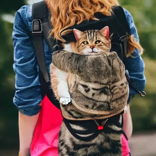 Image similar to a cat carrying a human in a pet backpack