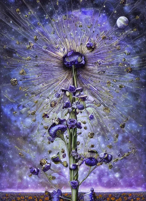 Image similar to detailed, intricate blue black and purple papaverum flower on the field, nebula, galaxy in the sky, winning award masterpiece, fantastically beautiful, illustration, aestheticly inspired, jacek yerka, upscale with anguissola sofonisba work, artstation, 8 k