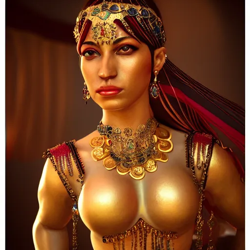 Image similar to details of a belly dancer jewels, stoic, bust, brown skin, alone dramatic, epic painting, gold, painted by wlop and nixeu, cgsociety, beautiful, semirealism, artbreeder, artstation, volumetric light, octane render, sharpness, 8 k, golden ratio