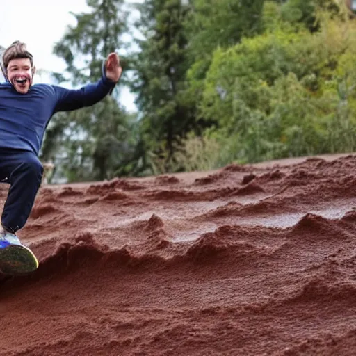 Image similar to a man sliding through brown pudding