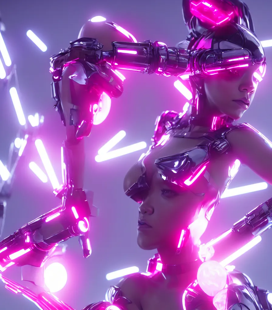 Image similar to cinematic, photography, a beautiful rihanna cyborg, perfect bionic body, pink chrome armor, neon holographic ui data displays, pink space gun, hajime sorayama, masamune shirow, octane rendered, 4 k, lens flare,