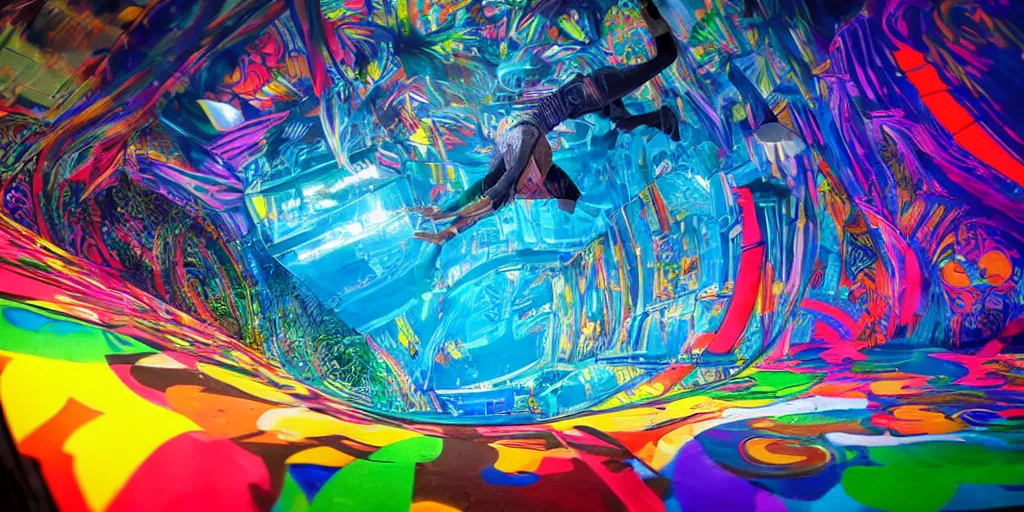 Prompt: backflip into a pool caustics fluid simulation lighting impressive colorful masterpiece graffiti hyper perspective textured detailed intricate sharp focus 8 k