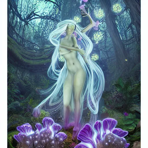 Image similar to glowing delicate flower and mushrooms that grow in a dark fatansy forest on the planet Pandora, an idealistic marble statue with fractal flowery hair in a fractal garden,