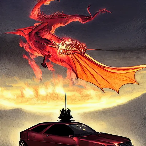 Image similar to knight in car, dragon blowing fire above, Hudson River School, ONE, Murata, Berserk