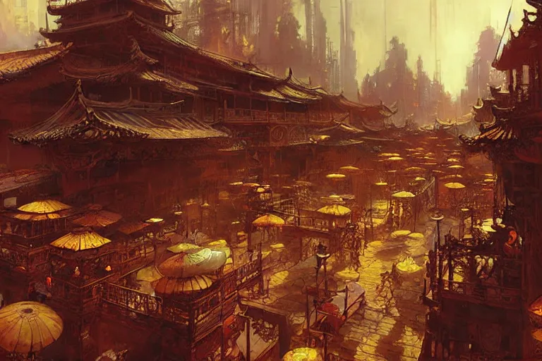 Image similar to wuxia, steampunk city, painting by gaston bussiere, craig mullins, j. c. leyendecker