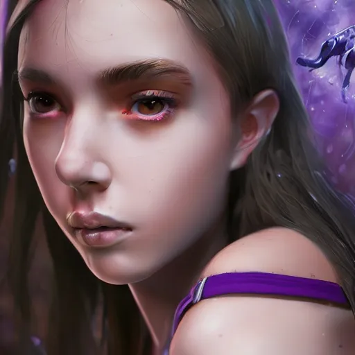 Image similar to artstation young teen with purple eyes and tiny and very thin tentacles on her head, furious, very detailed, portrait, high contrast, unreal engine 5