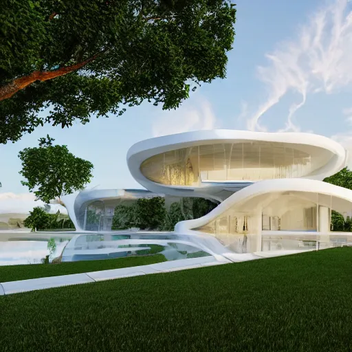 Prompt: evolving fractal, flowing white architectural Villa, futuristic 3D vorono pattern, clay, perforated, lush botanical trees, prairie landscaping, sunrise ,illuminated pool, fluffy clouds