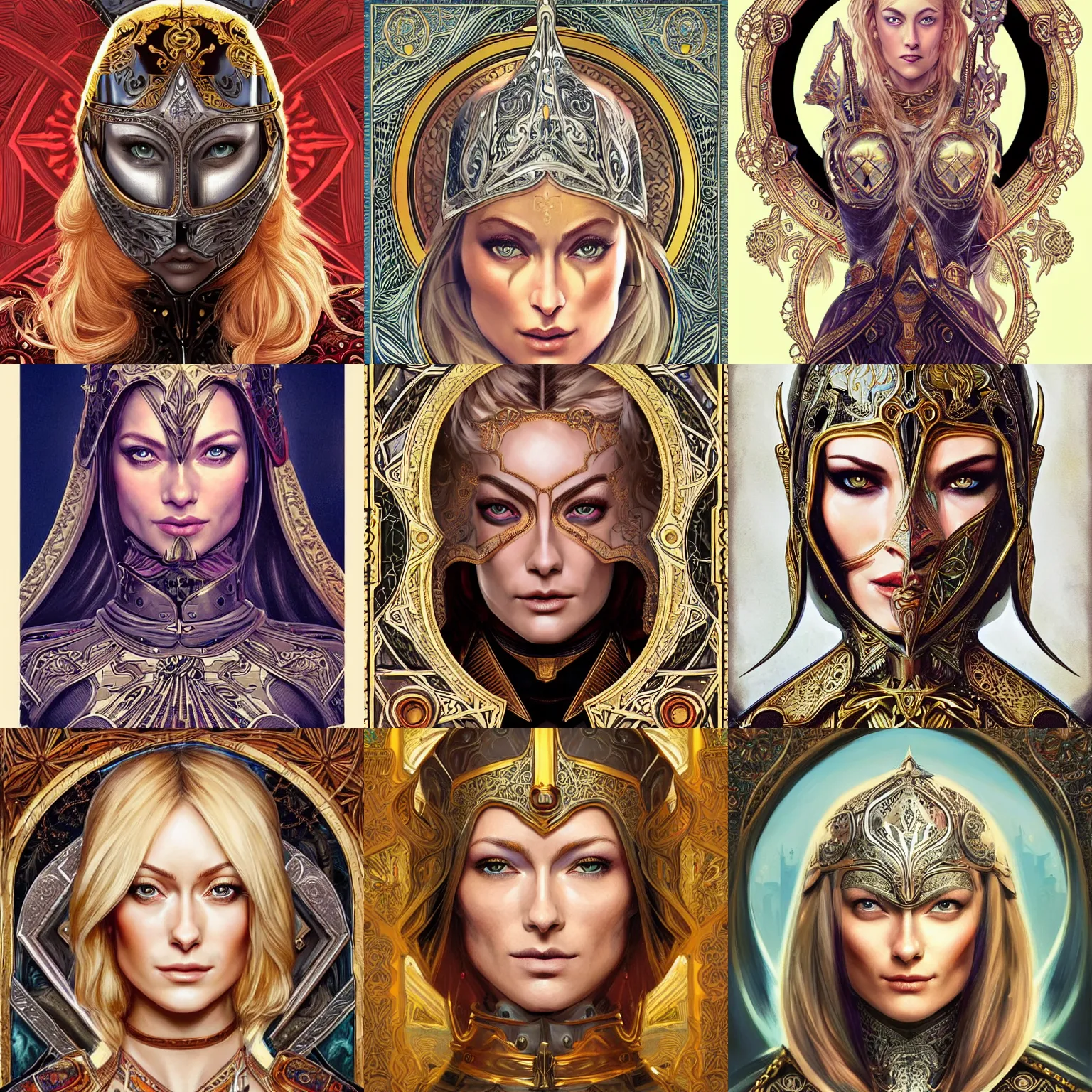 Prompt: head-on symmetrical centered painted portrait, Mais Hamdan and Olivia Wilde as a paladin, blonde hair, ornate iron armour, art nouveau, tarot card style, fantasy, intricate, elegant, highly detailed, smooth, sharp focus, illustration, artstation, in the style of Artgerm and Anna Podedworna and Alex Ross and Mucha