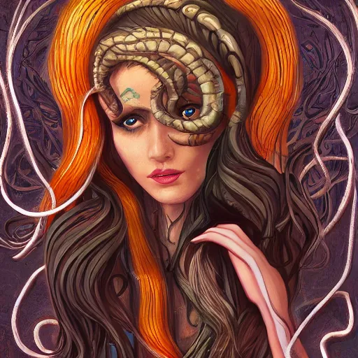 Prompt: character concept portrait of a beautiful woman with pale full face, medusa, with a lot of snakes for hair, blue / grey eyes, elegant, digital painting, art nouveau, smooth, focus, red glow