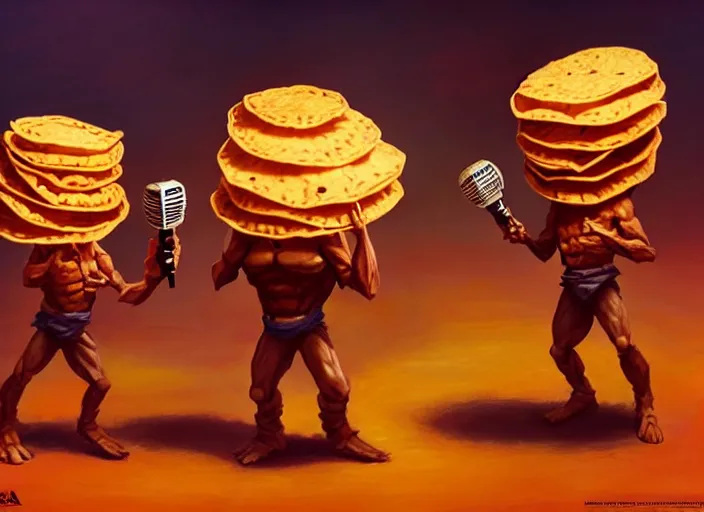 Image similar to two men made out of tortillas, their whole body is a tortilla, they are holding microphones, by marco bucci and frank frazetta, style of magic the gathering, high resolution, fantasy coloring, intricate, digital painting, artstation, smooth, sharp focus