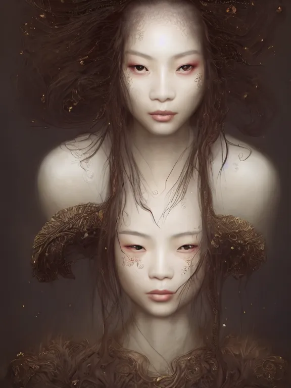 Image similar to beautiful portrait of a Chinese-French mixed race female wearing fantasy minority costume, ivory skin, dark brown long hair, dark brown eyes, ,intricate, elegant, highly detailed, dim volumetric lighting, abstract, 8k,octane,post-processing,digital painting, trending on artstation, concept art, smooth, sharp focus, illustration,by Tom Bagshaw and Daniel Gerhartz and Albert Aublet and Lawrence Alma-Tadema