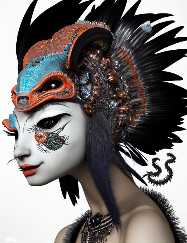 Image similar to 3 d goddess close - up profile portrait punk with mohawk with ram skull. beautiful intricately detailed japanese crow kitsune mask and clasical japanese kimono. betta fish, jellyfish phoenix, bio luminescent, plasma, ice, water, wind, creature, artwork by tooth wu and wlop and beeple and greg rutkowski