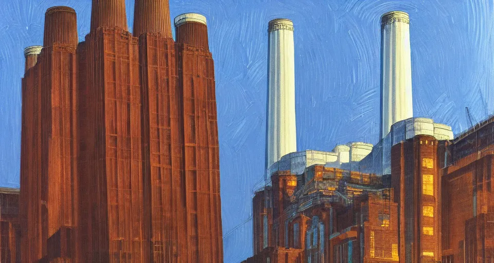 Image similar to battersea power station, highly detailed, dramatic lighting, intense shadows, rich deep colours, by roy lichtenstein