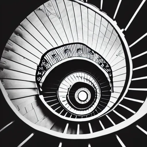 Prompt: looking down an infinite symmetrical spiral staircase