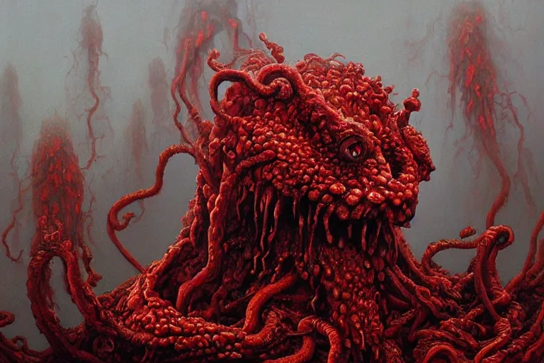 Image similar to Haunting horrifying hyperrealistic detailed painting of a strange bizarre creature sitting atop a mountain of snakes in a foggy hellscape with spread out pools of crimson red gelatinous liquid and goop, eyeballs bulging, sparks of fire flying, dystopian feel, heavy metal, disgusting, creepy, unsettling, in the style of Michael Whelan and Zdzisław Beksiński, lovecraftian, hyper detailed, trending on Artstation
