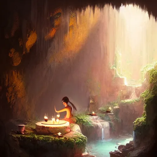 Prompt: cozy, empty hotspring hidden in a cave, candlelight, towels, cushions, natural light, lush plants and flowers, elegant, smooth cave rock, fantasy, atmospheric lighting, digital painting, Greg Rutkowski concept art