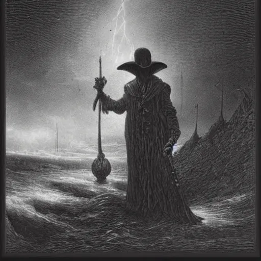 Prompt: plague doctor in the stormy weather dark art detailed gustave dore