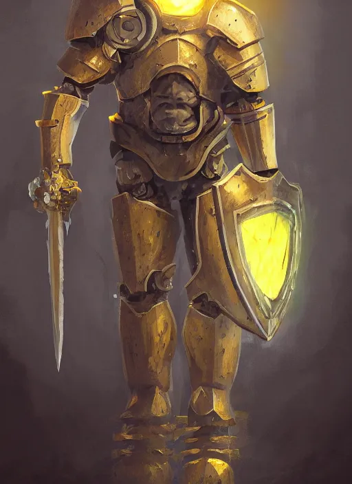 Image similar to dynamic portrait of a cyclopean warforged character in yellow armor holding a paladin engraved longsword and carrying a big shield, epic , trending on ArtStation, cinematic lighting, by Greg Rutkowski and Jesper Ejsing