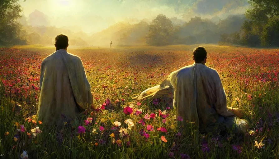 Image similar to craig mullins a man in robes kneels and prays in a field of flowers, the sun's holy light shines down upon him, colorful, solarpunk, unreal engine, hyper realism, realistic shading, cinematic composition, realistic render, octane render, detailed textures, photorealistic, wide shot