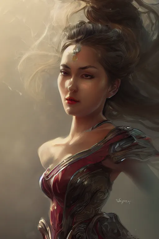 Image similar to three quarters portrait pose of a beautiful woman,super heroine costume,super powers, fantasy, intricate, elegant, highly detailed, digital painting, artstation, concept art,shining, sharp focus, illustration, art by Stanley Lau