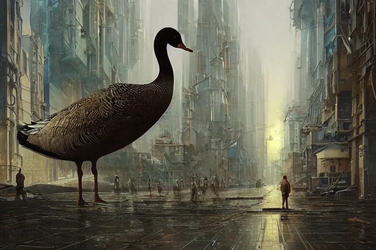 Prompt: A solarpunk very highly detailed anhtropomorphic Goose with very highly detailed face on the street of a very highly detailed solarpunk sci-fi city digital rational painting art by Greg Rutkowski, sci-fi highly detailed, digital concept art, Dimensional cyan gold natural light, sharp focus, Golden Ratio illustration, realistic concept art by Stephen Hickman and James Gurney and Hiromasa Ogura Ghost in the Shell rendered in Octane Render, From the distance