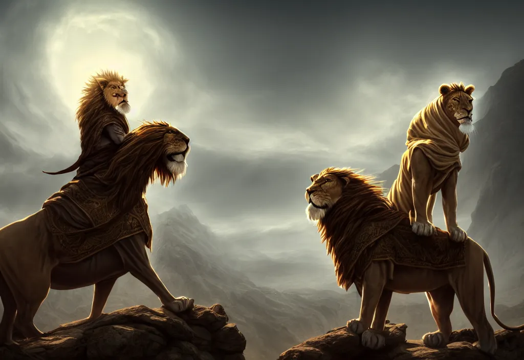 Prompt: alnaqua a hooded wise old man with a long white beard wearing a brown hooded tunic riding on top of a lion, the man riding is on the lion, the wise man is riding on top, majestic, epic digital art, cinematic, trending on artstation, superb detail 8 k, wide angle shot, masterpiece