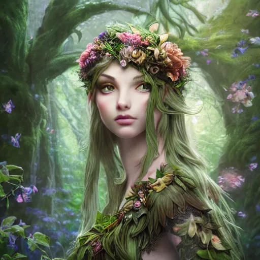 Prompt: a picture of a forest elf clothed in flowers and leaves standing on a stone in an enchanted forest, high fantasy, elegant, epic, detailed, intricate, digital painting, concept art, realistic detailed face, smooth, focus, rim light, detailed 8 5 mm f / 1. 4