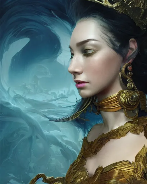 Image similar to the queen of the 7 seas, mysterious, highly detailed, digital painting, artstation, concept art, smooth, sharp focus, illustration, unreal engine 5, 8 k, art by stanley artgerm lau, wlop, rossdraws, frank frazetta, andrei riabovitchev, marc simonetti, and alphonse mucha, treanding on artstation