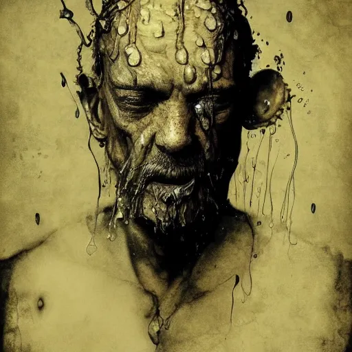 Image similar to wet collodion photography of innsmouth dweller mutant fishman sailor old man with gills and scales creatures from the deep ocean by emil melmoth zdzislaw beksinki craig mullins yoji shinkawa realistic render ominous detailed photo atmospheric by jeremy mann francis bacon and agnes cecile ink drips paint smears digital glitches glitchart