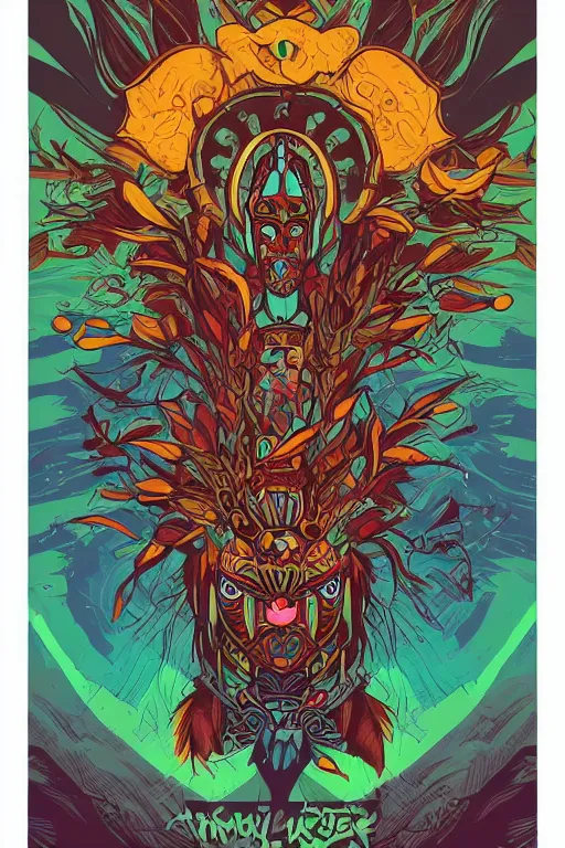 Image similar to animal mask totem roots flower tribal feather gemstone plant wood rock shaman vodoo video game vector cutout illustration vivid multicolor borderlands comics by josan gonzales and dan mumford radiating a glowing aura