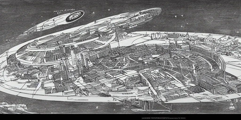 Prompt: architectural overview of a 1960 science fiction space port, drawn by James Joyce, in the style of Vaugaus