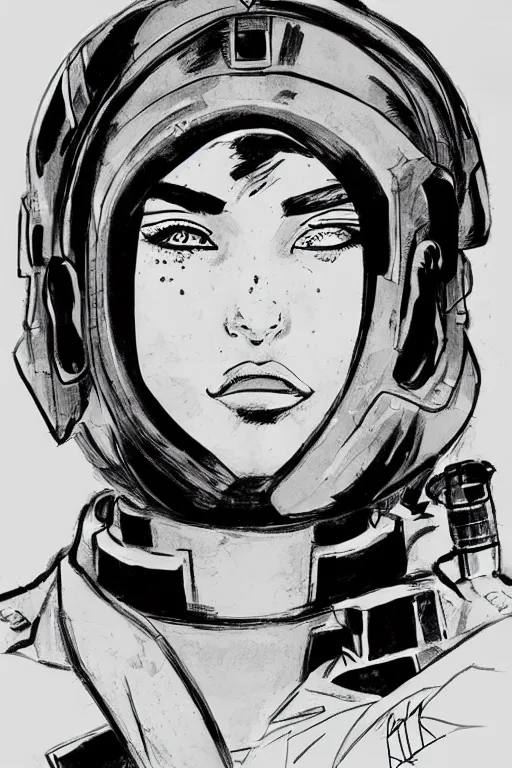 Prompt: beautiful portrait of a young futuristic female soldier, frank miller style, sketch