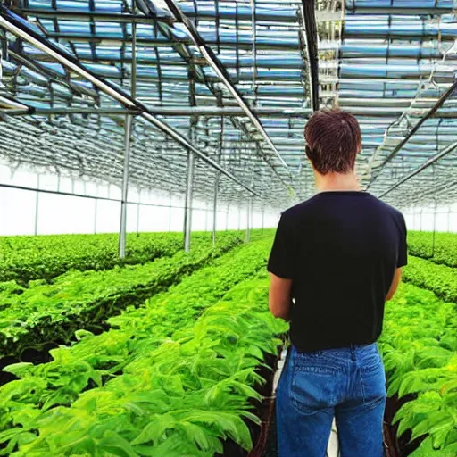 Image similar to man looking over hydroponic farm, satisfied, working, happy, hd