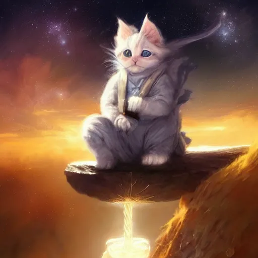 Image similar to a single cartoonish kitten dressed as Gandalf floating in space, bright stars, anime, a fantasy digital painting by Greg Rutkowski and James Gurney, trending on Artstation, highly detailed