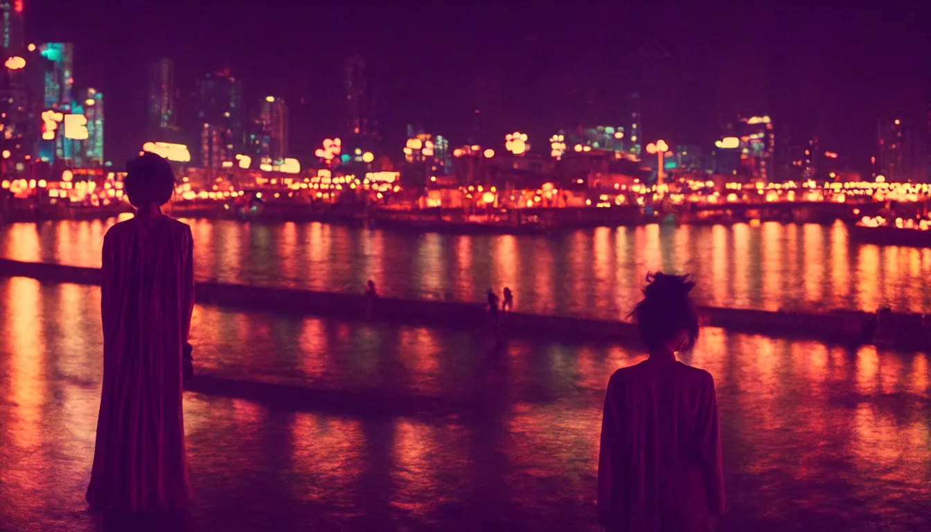 Image similar to 80s asian neon movie still with a lone woman by the river at night with city lights behind his back. hyperrealistic, high definition, medium format photography, highly detailed, tehnicolor, anamorphic 50mm lens