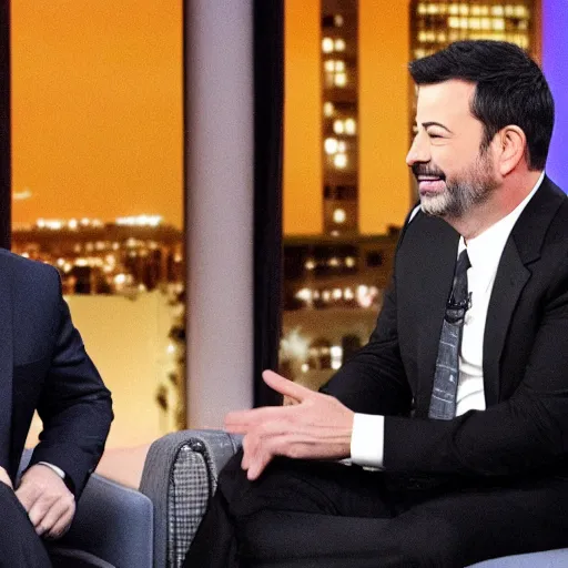 Prompt: Jimmy Kimmel interviewing Jeffery Epstein, tv show, television