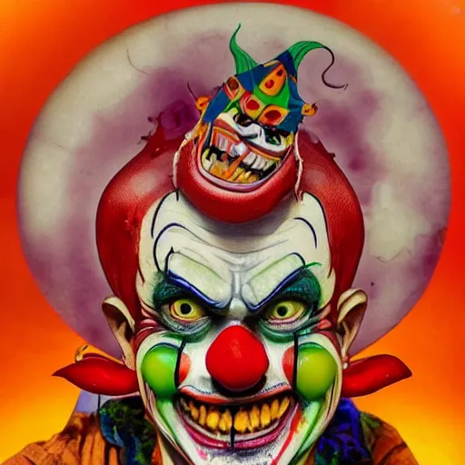 Image similar to 4K headshot of scary clown with defined arms and open hands and bloody clothes with giant mandala wings , intricate face , flawless anime cel animation by Kentaro Miura, psychedelic , highly detailed upper body , professionally post-processed , beautiful, scary, symmetry accurate features, epic, octane rendered, anime masterpiece, accurate