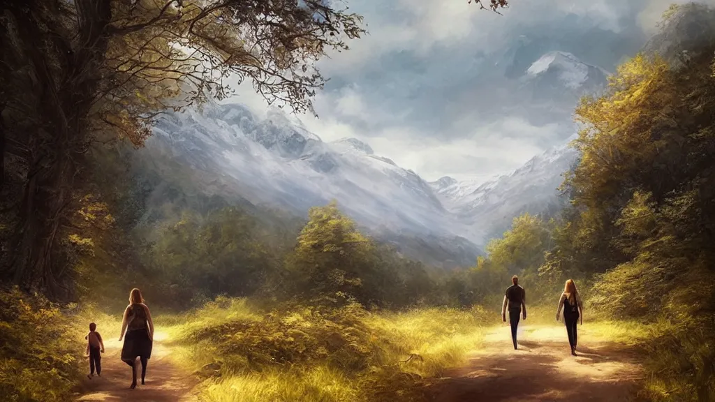 Prompt: “ one man, one women, one young boy, one golden retriever, walk on a trail in forest, mountains in the background, highly detailed, 4 k, by charlie bowater, by greg rutkowski ”