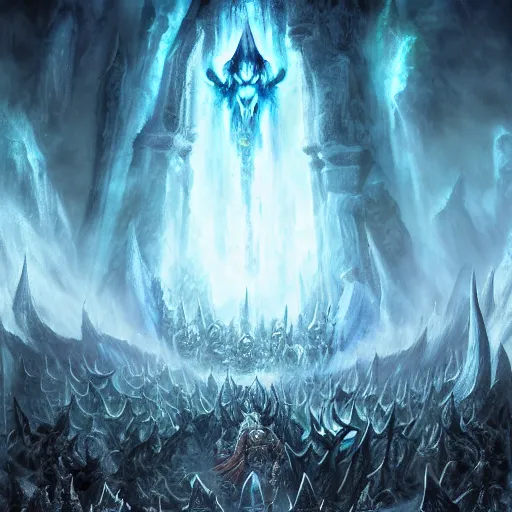 Prompt: vast ice dungeon, arthas the lich king summoning a horde of undead warriors, warcraft, warcraft artwork, mixed art, cinematic light, majestic, hyperrealistic, hyper detailed, dark fantasy, gritty