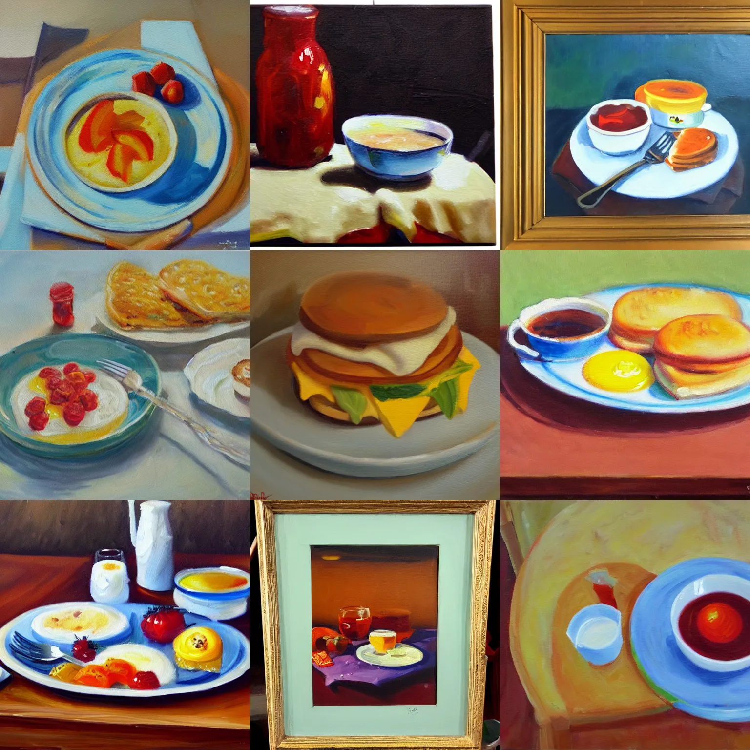 Prompt: oil painting of breakfast, thick paint